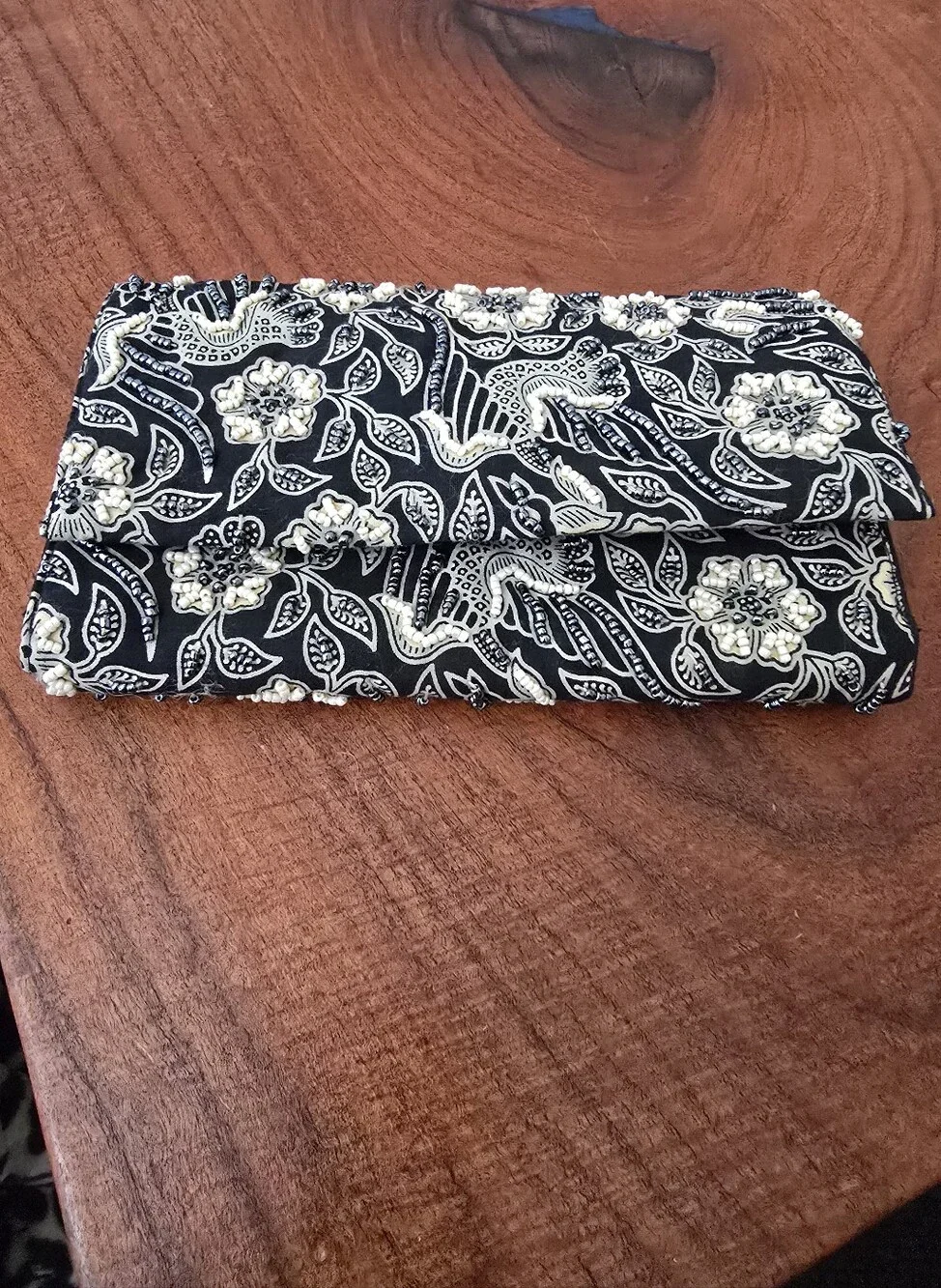 BELLASIMA Black and White Floral Embellished Foldover Clutch Made In Indonesia